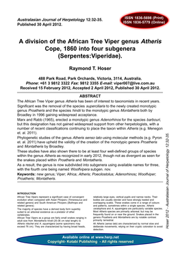 A Division of the African Tree Viper Genus Atheris Cope, 1860 Into Four Subgenera (Serpentes:Viperidae)