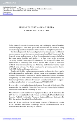 String Theory and M-Theory: a Modern Introduction Katrin Becker, Melanie Becker, and John H