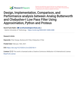 Design, Implementation, Comparison, and Performance Analysis Between Analog Butterworth and Chebyshev-I Low Pass Filter Using Approximation, Python and Proteus