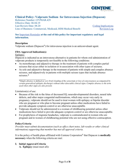 Valproate Sodium for Intravenous Injection (Depacon)