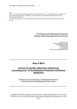 Asse II Mine Licence to Handle Radioactive Substancesaccording To