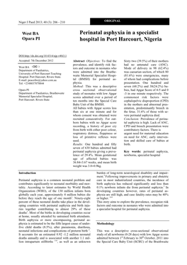 Perinatal Asphyxia in a Specialist Hospital in Port Harcourt, Nigeria