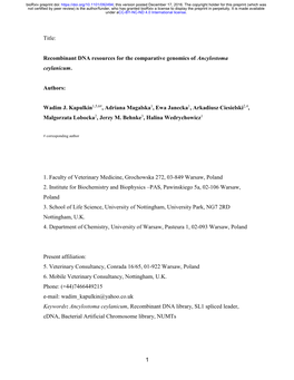 Recombinant DNA Resources for the Comparative Genomics of Ancylostoma Ceylanicum