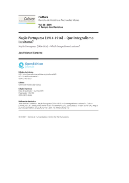 Que Integralismo Lusitano? Nação Portuguesa (1914-1916) – Which Integralismo Lusitano?