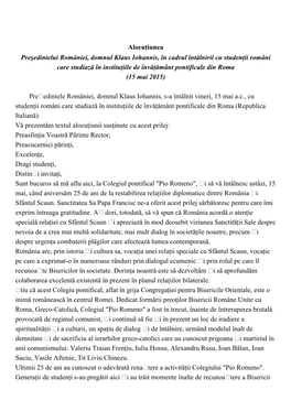 Alocu Iunea Preşedintelui României, Domnul Klaus Iohannis, În Cadrul