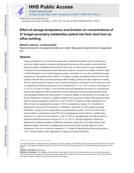 Effect of Storage Temperature and Duration on Concentrations of 27 Fungal Secondary Metabolites Spiked Into Floor Dust from an Office Building