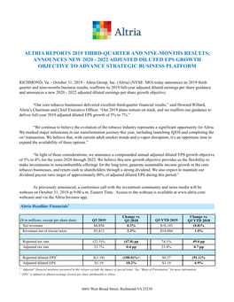 Altria Reports 2019 Third-Quarter and Nine-Months Results; Announces New 2020 - 2022 Adjusted Diluted Eps Growth Objective to Advance Strategic Business Platform