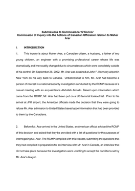 Canada: Maher Arar: Submissions to Commissioner O'connor Commission of Inquiry Into the Actions of Canadian