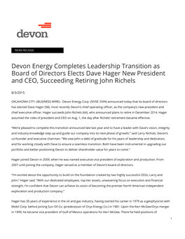 Devon Energy Completes Leadership Transition As Board of Directors Elects Dave Hager New President and CEO, Succeeding Retiring John Richels