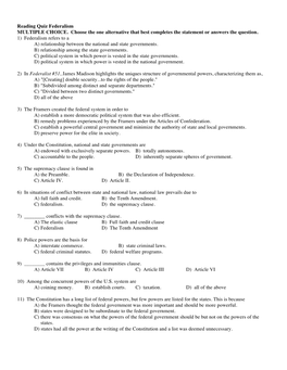 Reading Quiz Federalism MULTIPLE CHOICE. Choose the One Alternative That Best Completes the Statement Or Answers the Question