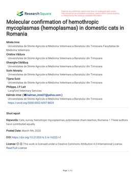 Molecular Confirmation of Hemothropic Mycoplasmas (Hemoplasmas) In