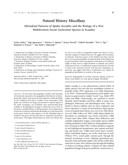 Natural History Miscellany Altitudinal Patterns of Spider Sociality and the Biology of a New Midelevation Social Anelosimus Species in Ecuador