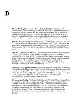 Eleanor J. Dabagh, Also Known As Jean L. Dabagh, 83, of Honolulu, Former Chief Librarian for the Pacific Fleet During World War II, Died Aug