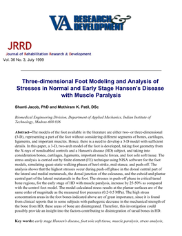 Three-Dimensional Foot Modeling and Analysis of Stresses in Normal and Early Stage Hansen's Disease with Muscle Paralysis