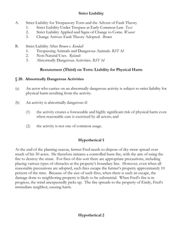 Strict Liability A. Strict Liability for Trespassory Torts and the Advent of Fault Theory 1. Strict Liability Under Trespass At