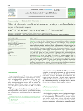 Effect of Ulinastatin Combined Rivaroxaban on Deep Vein Thrombosis in Major Orthopedic Surgery