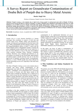 A Survey Report on Groundwater Contamination of Doaba Belt of Punjab Due to Heavy Metal Arsenic