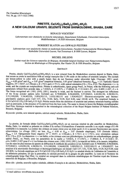 1317 Pf RETITE, Ca(UO2)3(Seo3)Z(OH)4. 4H2O, a NEW CALCIUM URANYL SELENITE from SHINKOLOBWE. SHABA