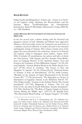 301 Holger Gzella and Margaretha L. Folmer, Eds., Aramaic in Its Histori- Cal and Linguistic Setting, Akademie Der Wissenschafte