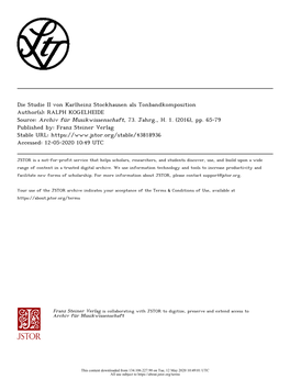 Die Studie II Von Karlheinz Stockhausen Als Tonbandkomposition Author(S): RALPH KOGELHEIDE Source: Archiv Für Musikwissenschaft, 73