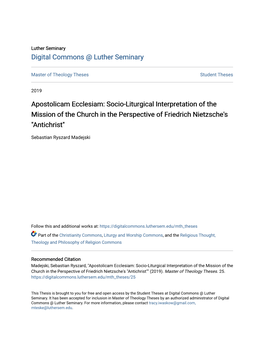 Apostolicam Ecclesiam: Socio-Liturgical Interpretation of the Mission of the Church in the Perspective of Friedrich Nietzsche's "Antichrist"