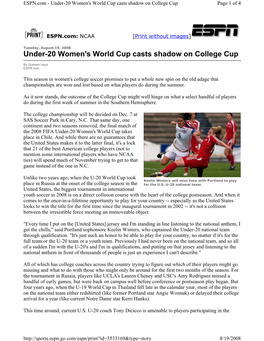 Under-20 Women's World Cup Casts Shadow on College Cup Page 1 of 4