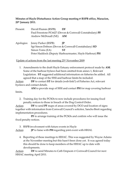 Minutes of Hayle Disturbance Action Group Meeting @ RSPB Office, Marazion, 20Th January 2011