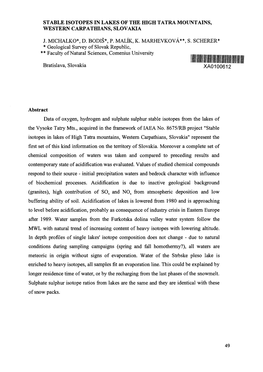 Stable Isotopes in Lakes of the High Tatra Mountains, Western Carpathians, Slovakia