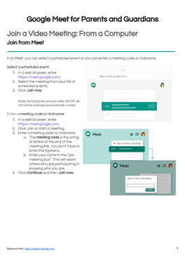 Google Meet for Parents and Guardians Join a Video Meeting: from a Computer Join from Meet