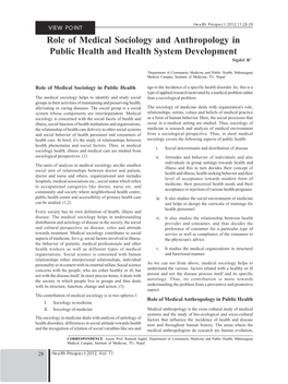 Role of Medical Sociology and Anthropology in Public Health and Health System Development Sigdel R1