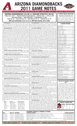 ARIZONA DIAMONDBACKS 2011 GAME NOTES Arizona Diamondbacks Communications S 401 E