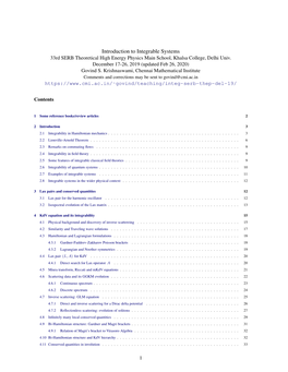 Introduction to Integrable Systems 33Rd SERB Theoretical High Energy Physics Main School, Khalsa College, Delhi Univ