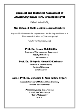 Chemical and Biological Assessment of Stachys Aegyptiaca Pers