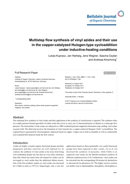 Multistep Flow Synthesis of Vinyl Azides and Their Use in the Copper-Catalyzed Huisgen-Type Cycloaddition Under Inductive-Heating Conditions