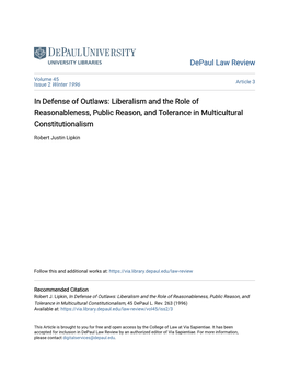 In Defense of Outlaws: Liberalism and the Role of Reasonableness, Public Reason, and Tolerance in Multicultural Constitutionalism