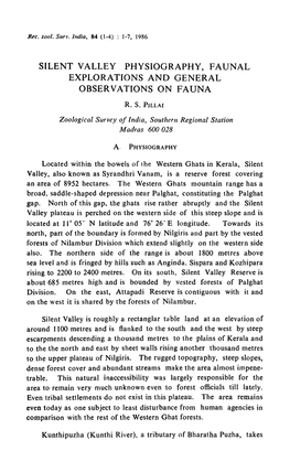 Silent Valley Physiography, Faunal Explorations and General Observations on Fauna