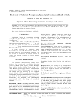 Biodiversity of Oscillatoria (Nostophyceae, Cyanophyta) from Lakes and Ponds of Sindh