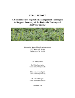 FINAL REPORT a Comparison of Vegetation Management