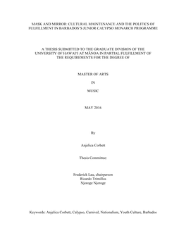 Cultural Maintenance and the Politics of Fulfillment in Barbados’S Junior Calypso Monarch Programme