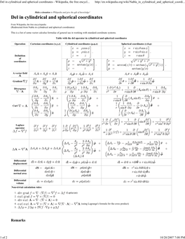 Del in Cylindrical and Spherical Coordinates - Wikipedia, the Free Encycl