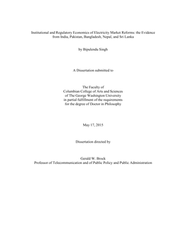 Institutional and Regulatory Economics of Electricity Market Reforms: the Evidence from India, Pakistan, Bangladesh, Nepal, and Sri Lanka