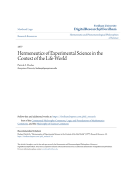 Hermeneutics of Experimental Science in the Context of the Life-World Patrick A