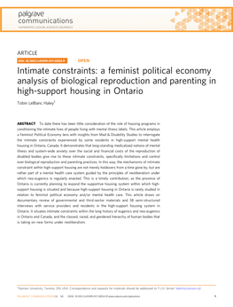 A Feminist Political Economy Analysis of Biological Reproduction and Parenting in High-Support Housing in Ontario