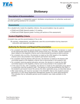 Dictionary Policy Located on the TEA’S STAAR Resources Webpage