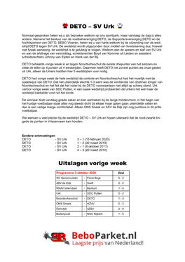 DETO – SV Urk Uitslagen Vorige Week