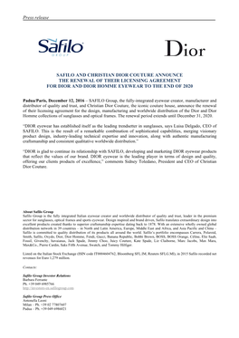 Press Release SAFILO and CHRISTIAN DIOR COUTURE