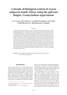 A Decade of Biological Control of Acacia Saligna in South Africa, Using the Gall Rust Fungus, Uromycladium Tepperianum