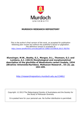 Morphological and Morphometrical Description of the Glochidia of Westralunio Carteri Iredale, 1934 (Bivalvia: Unionoida:Hyriidae)