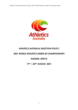 Athletics Australia Selection Policy 2021 World Athletics Under 20