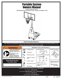 Portable System Owners Manual Customer Service Center • N53 W24700 South Corporate Circle • Sussex, WI 53089 • U.S.A